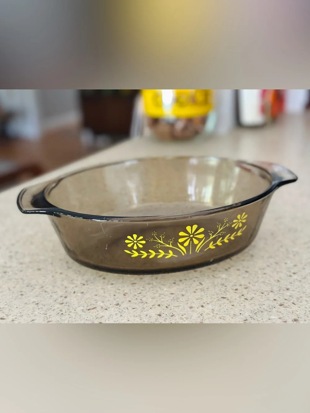Vintage yellow daisy and smoked amber casserole dish